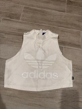 adidas White Girls Cropped Tank with Glossy Trefoil